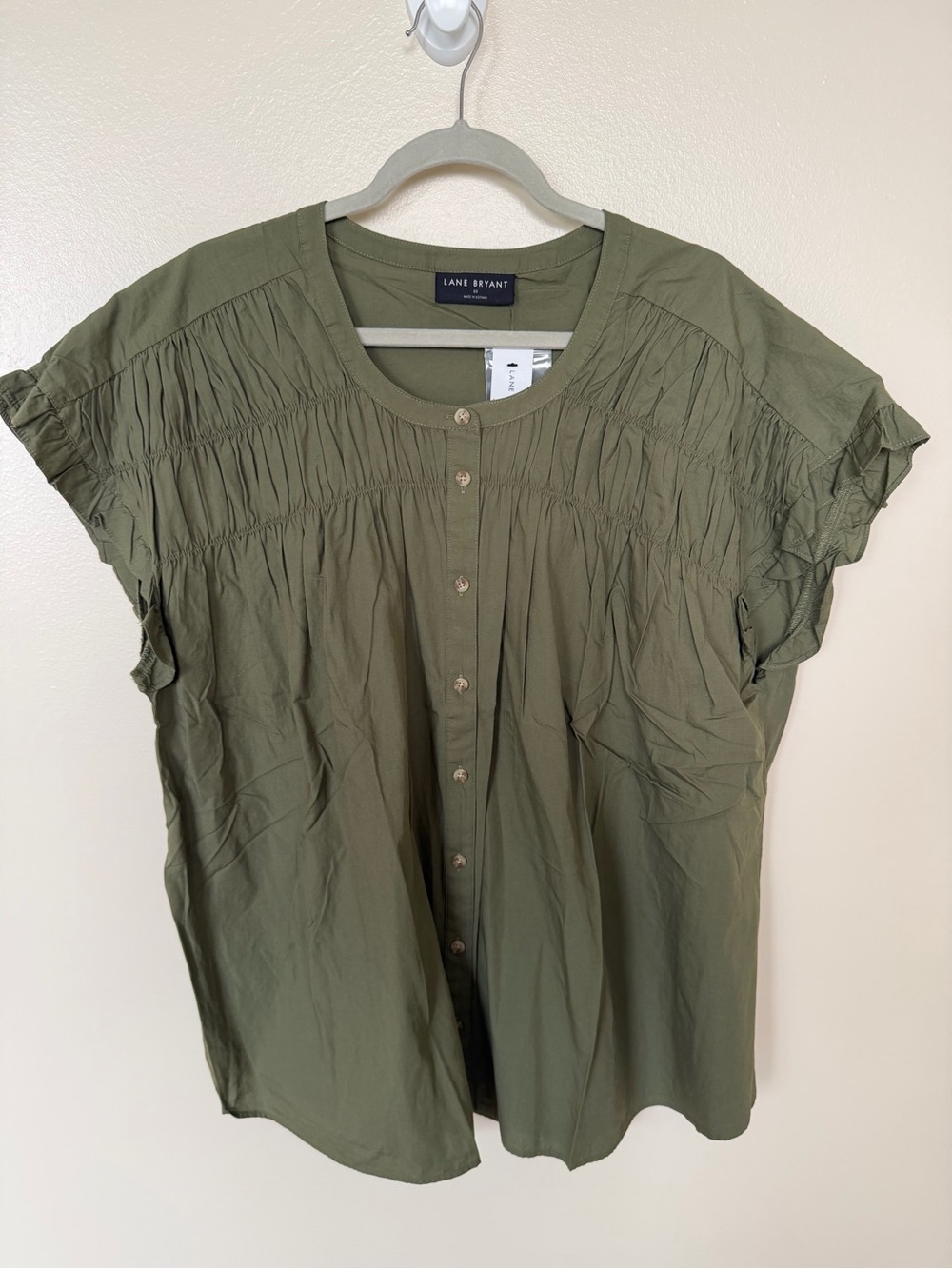 LANE BRYANT Olive Green Smocked Ruffle Cap Sleeve Blouse
